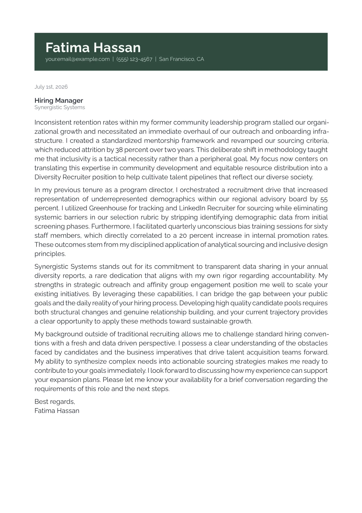 Diversity Recruiter cover letter formatted with a JobSprout template