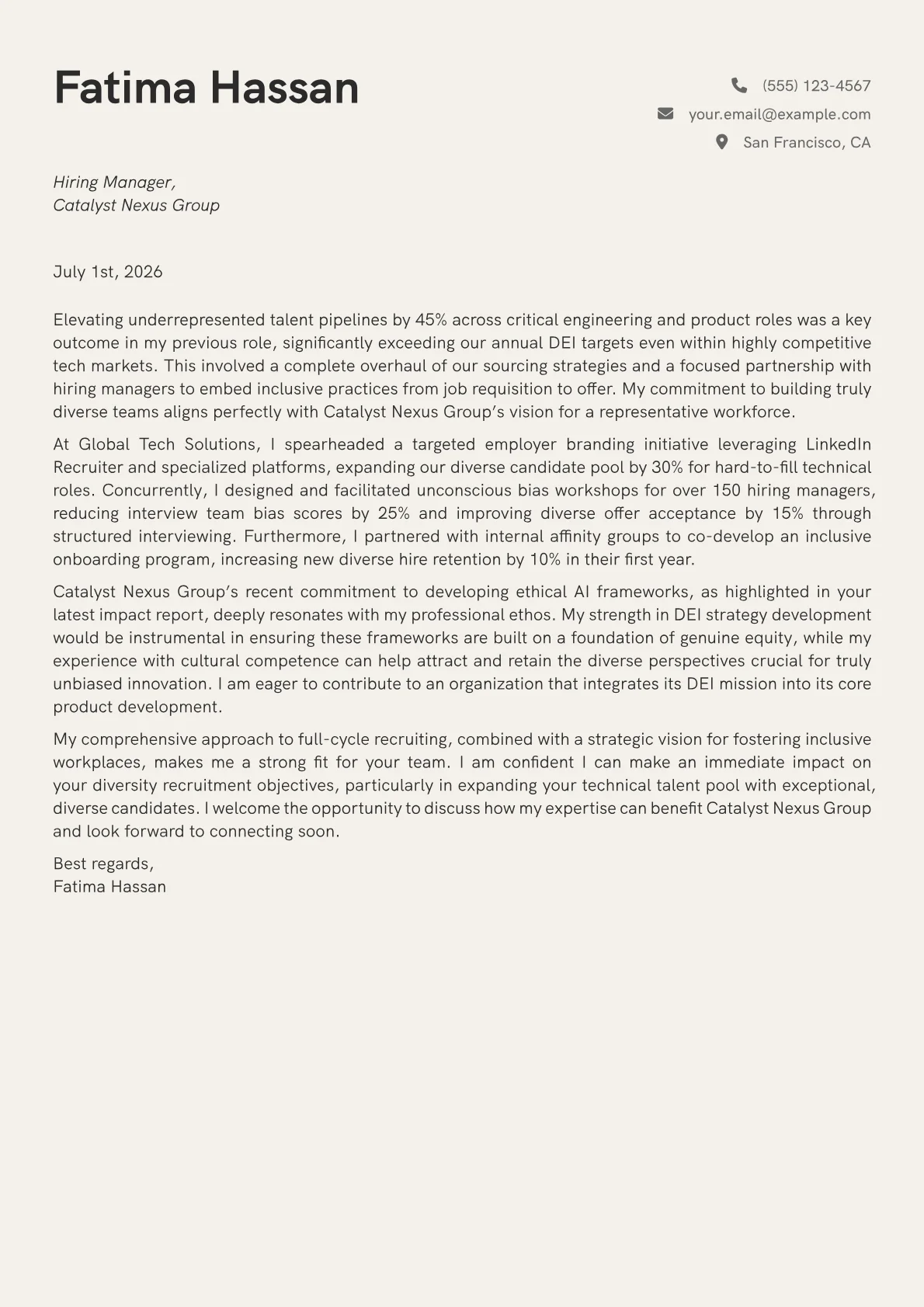 Diversity Recruiter cover letter formatted with a JobSprout template