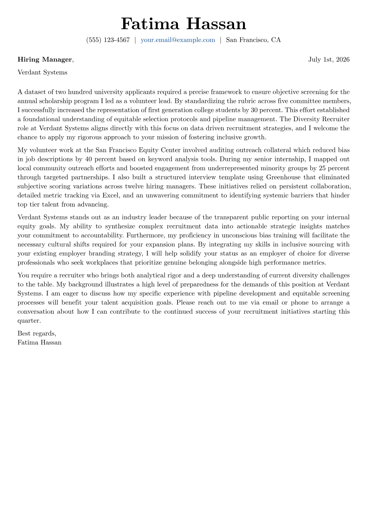 Diversity Recruiter cover letter formatted with a JobSprout template