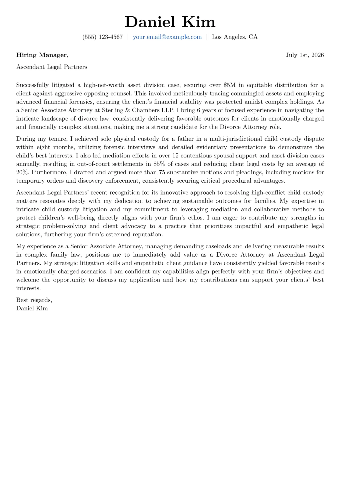 Divorce Attorney cover letter formatted with a JobSprout template