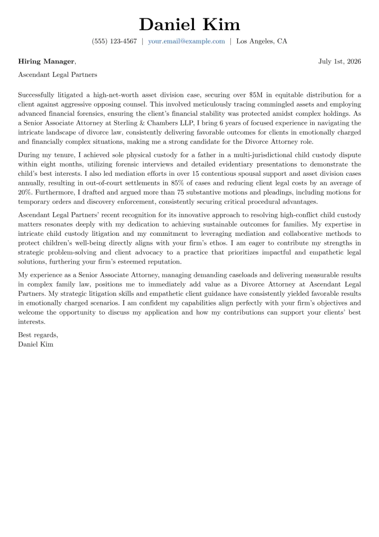 Divorce Attorney cover letter example preview
