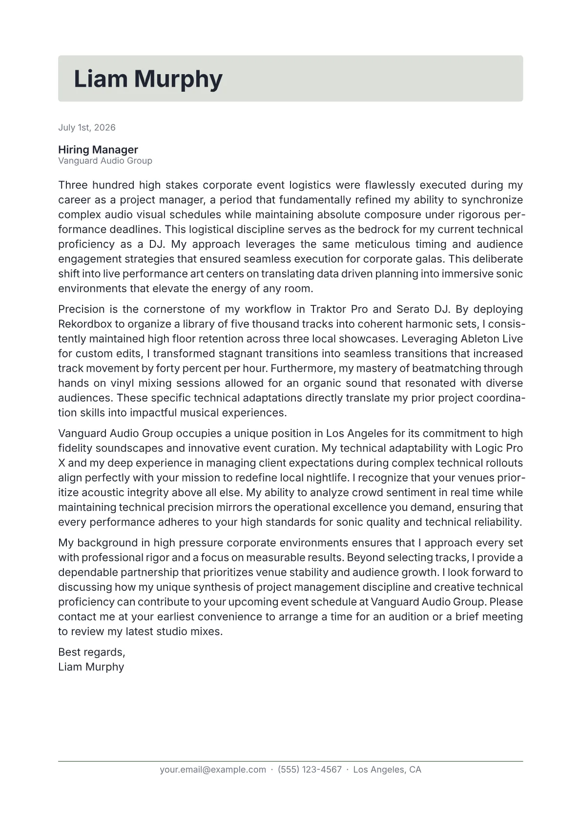 DJ cover letter in the Letterhead design