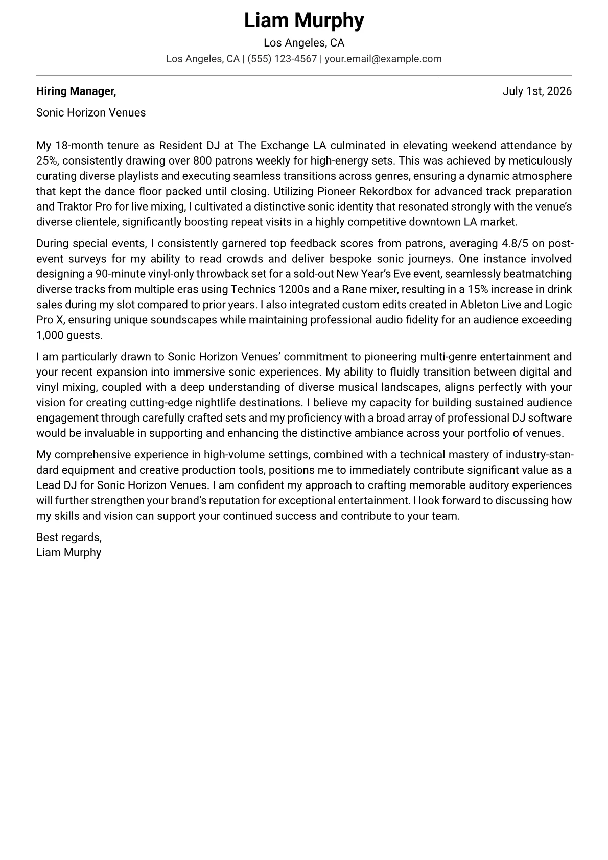 DJ cover letter formatted with a JobSprout template