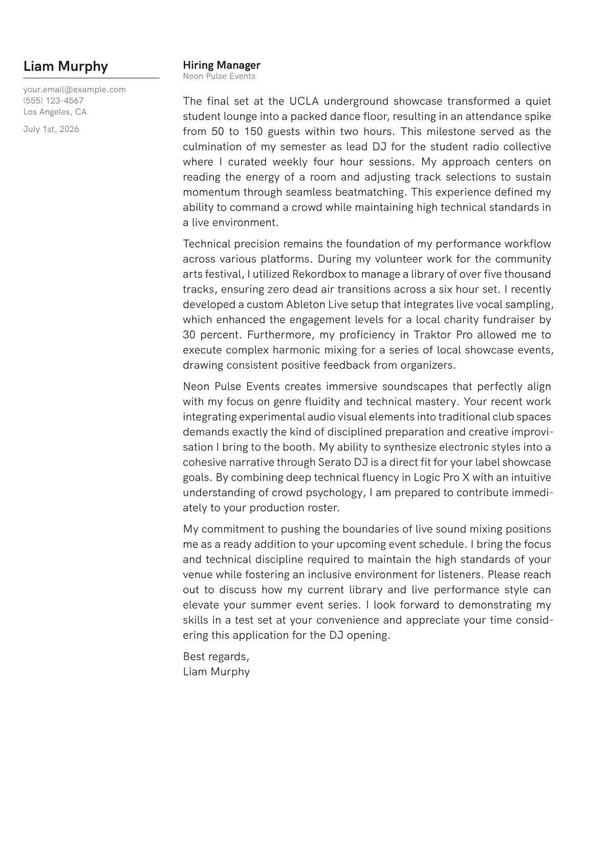 DJ cover letter in the Margin design
