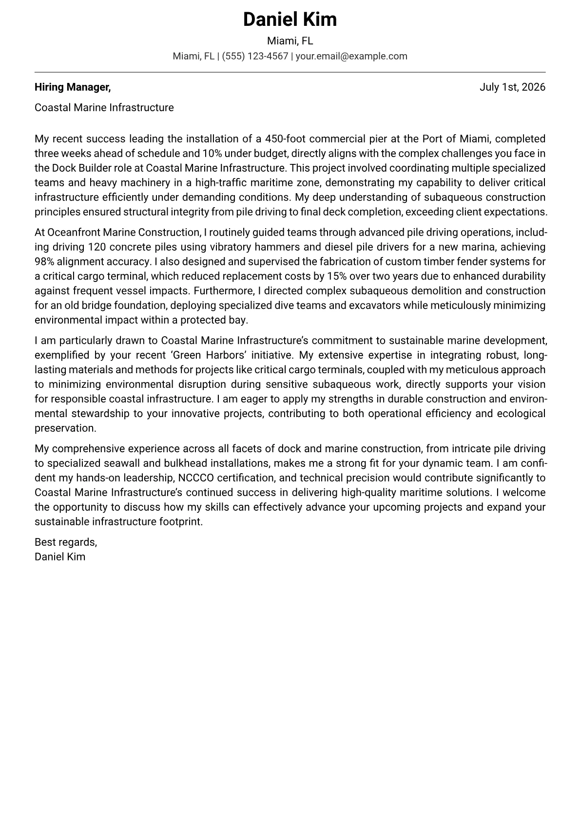 Dock Builder cover letter formatted with a JobSprout template