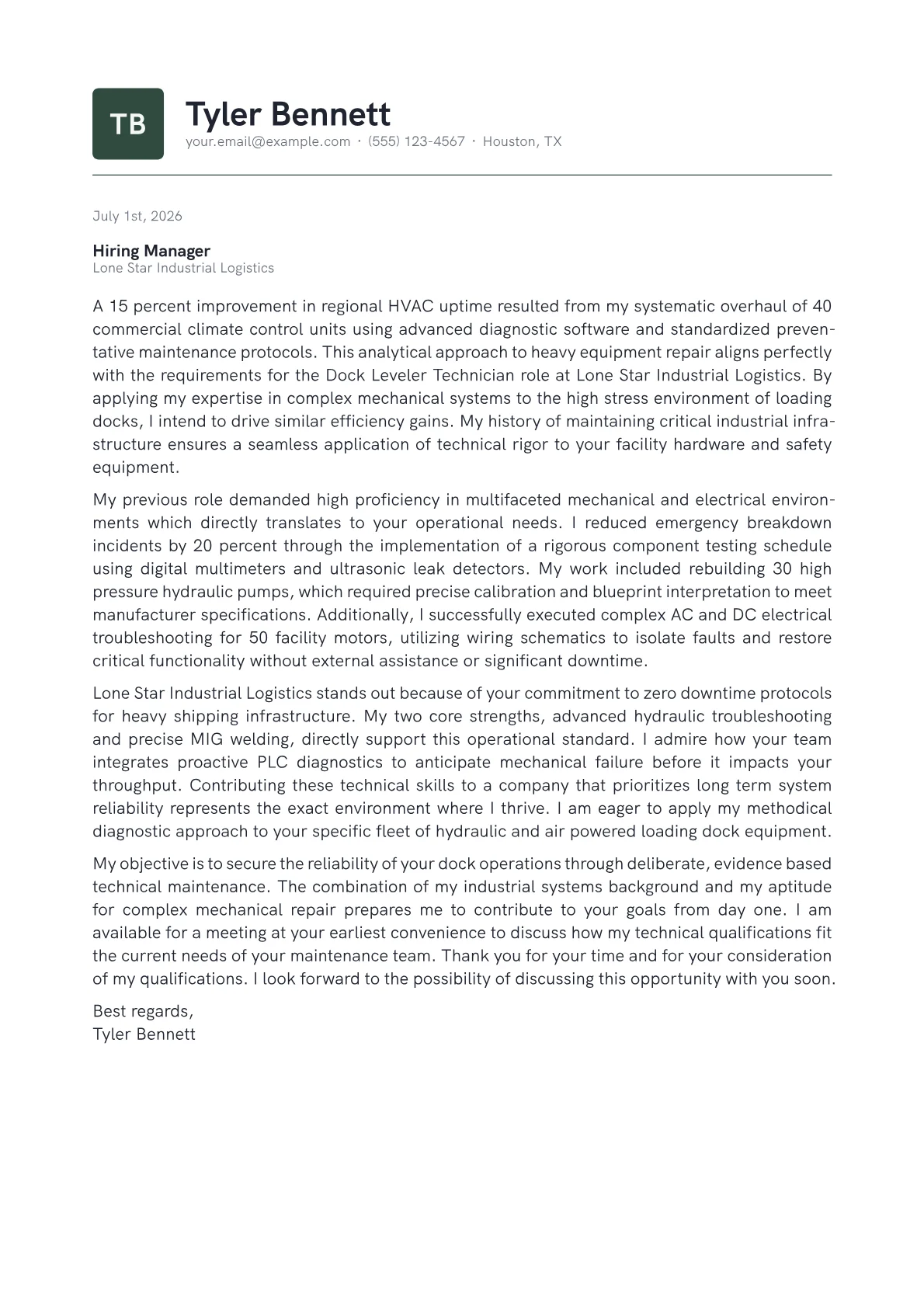 Dock Leveler Technician cover letter in the Emblem design