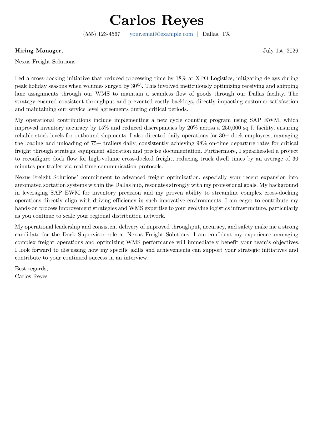 Dock Supervisor cover letter formatted with a JobSprout template
