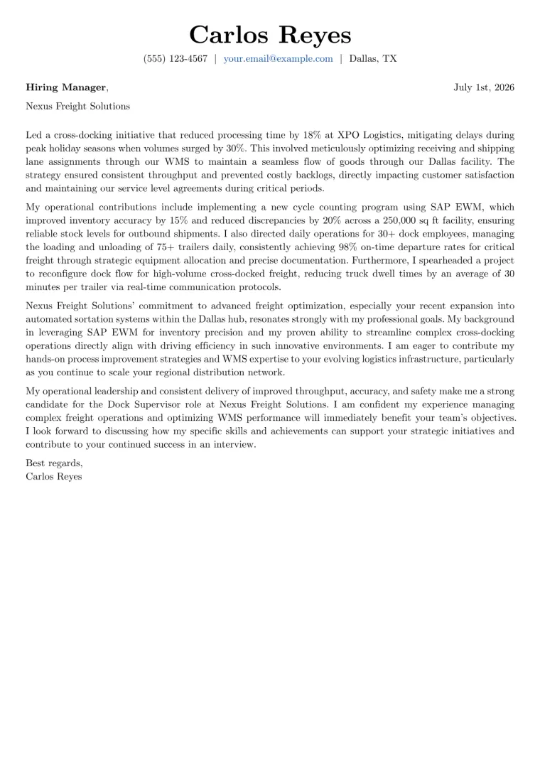 Dock Supervisor cover letter example preview
