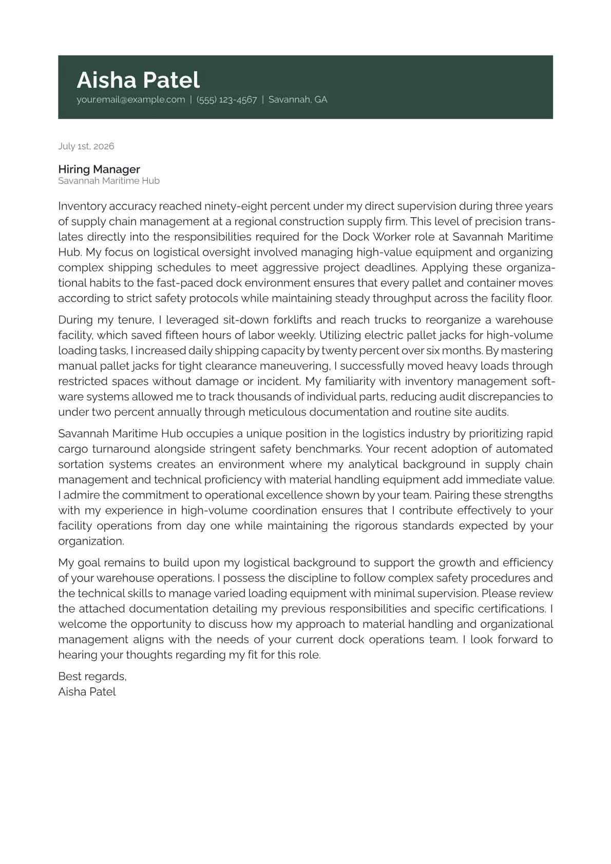 Dock Worker cover letter in the Banner design