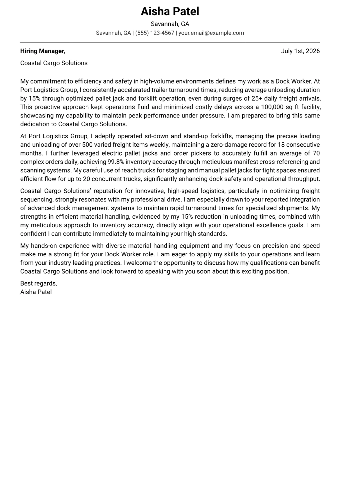 Dock Worker cover letter formatted with a JobSprout template