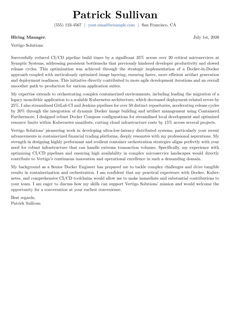 Docker Engineer cover letter example preview