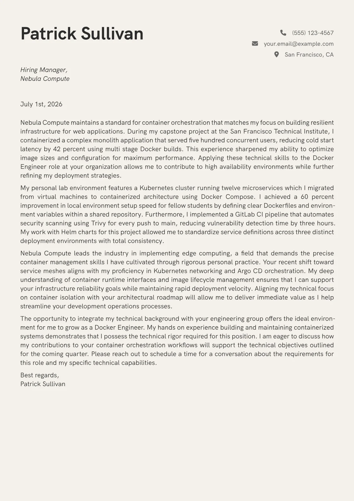 Docker Engineer cover letter in the Creative design
