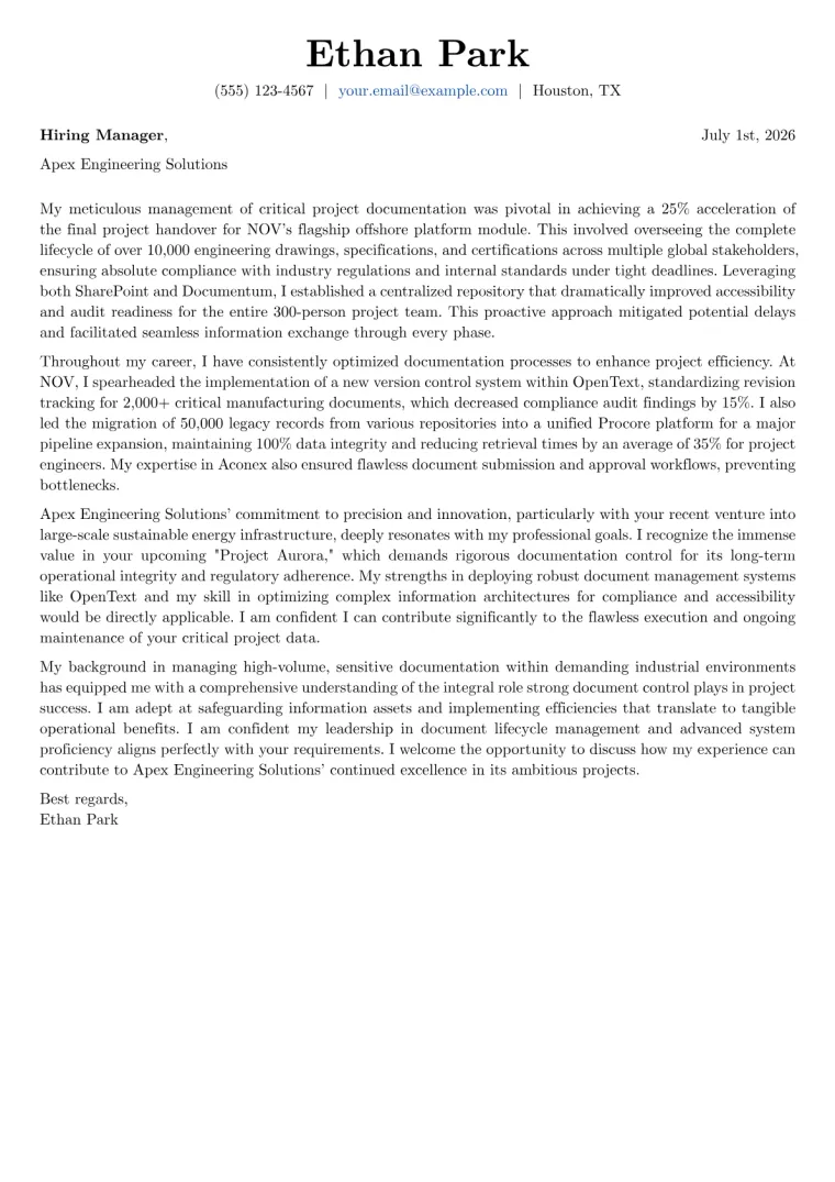 Document Controller Cover Letter Example