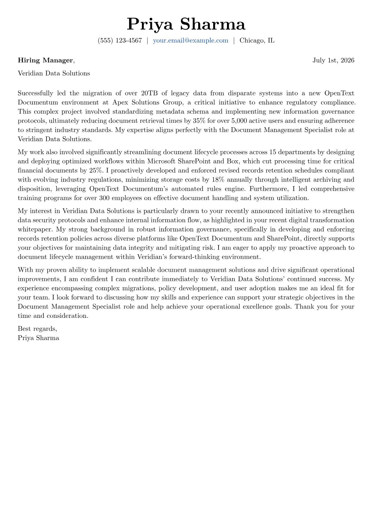 Document Management Specialist cover letter formatted with a JobSprout template
