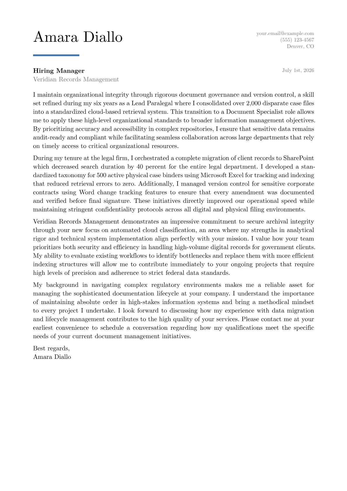 Document Specialist cover letter in the Executive design