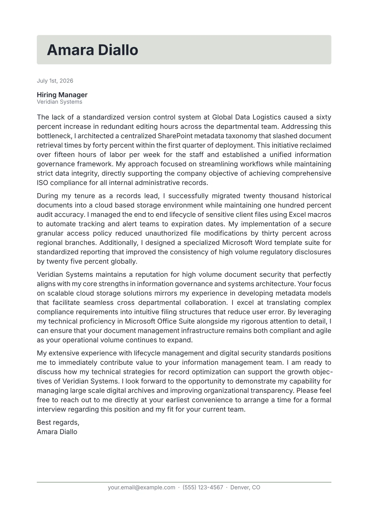 Document Specialist cover letter in the Letterhead design