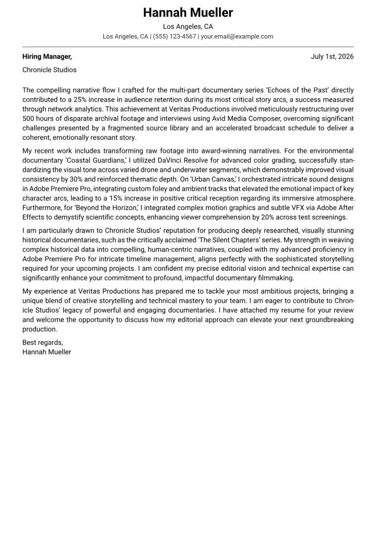 Documentary Editor cover letter example