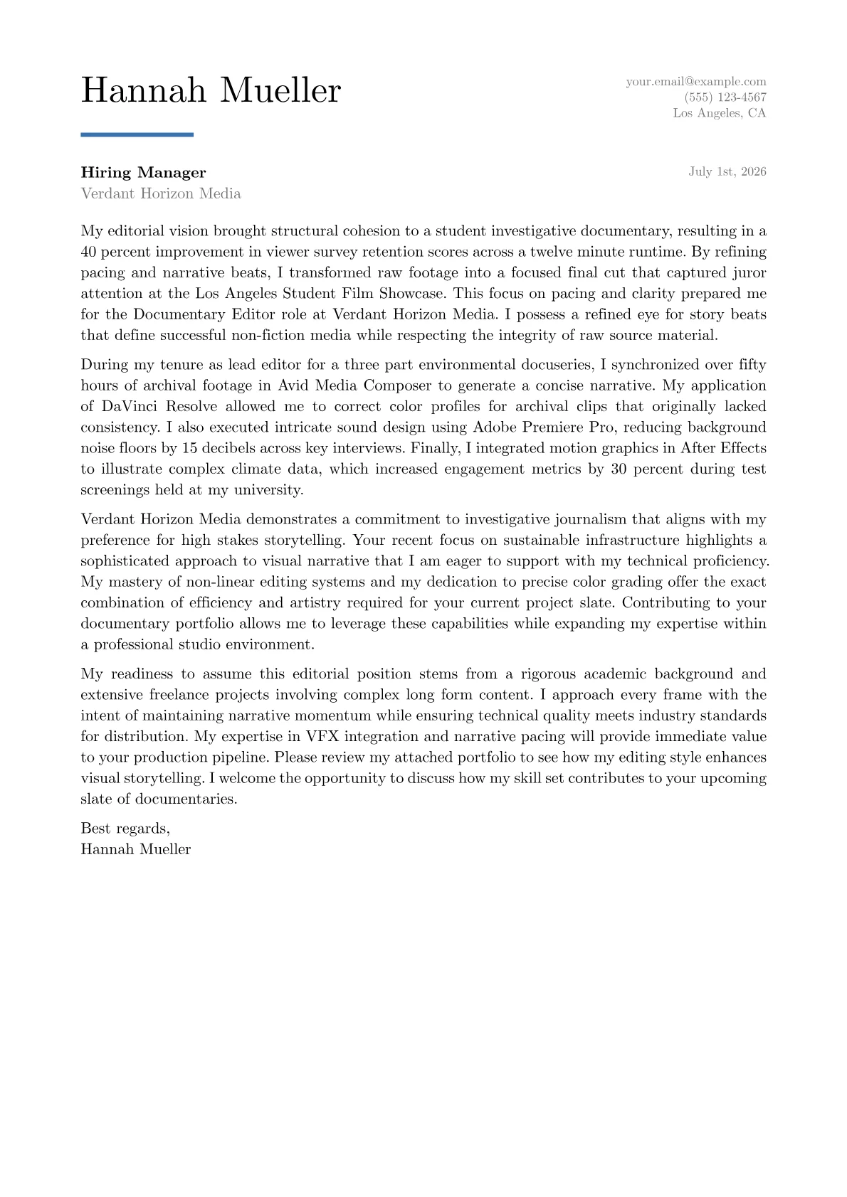 Documentary Editor cover letter in the Executive design
