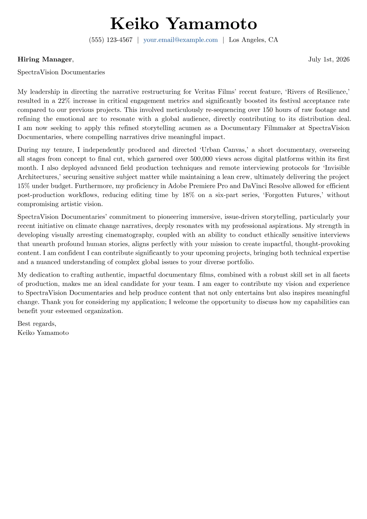 Documentary Filmmaker cover letter formatted with a JobSprout template