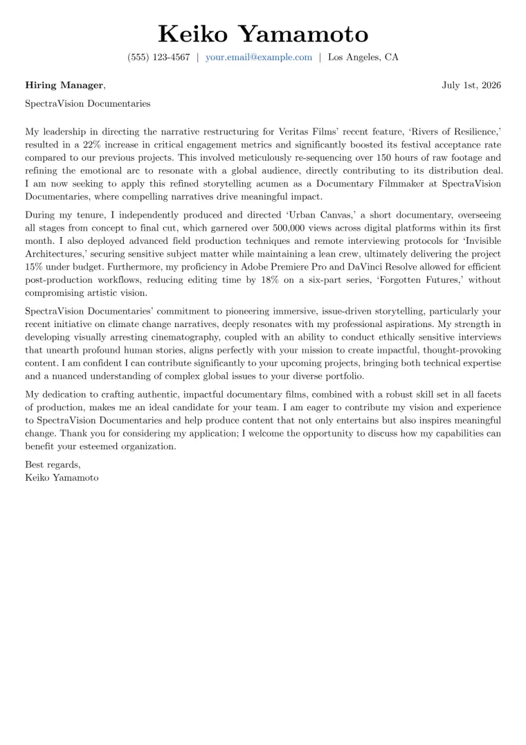 Documentary Filmmaker cover letter example preview