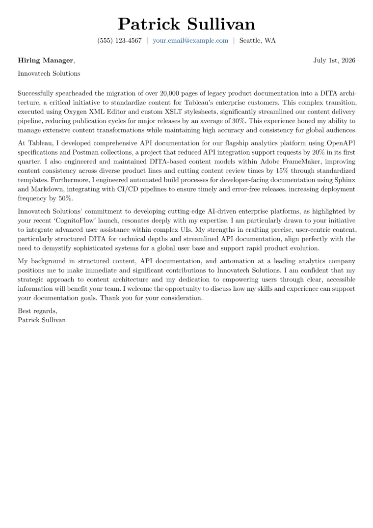 Documentation Engineer cover letter example
