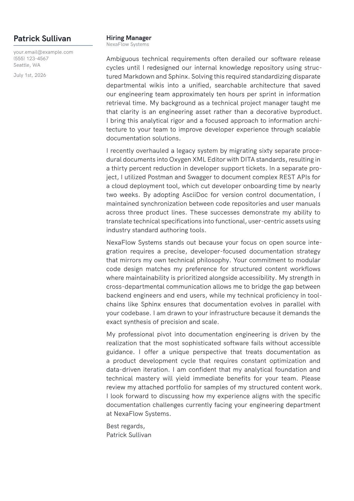 Documentation Engineer cover letter in the Margin design