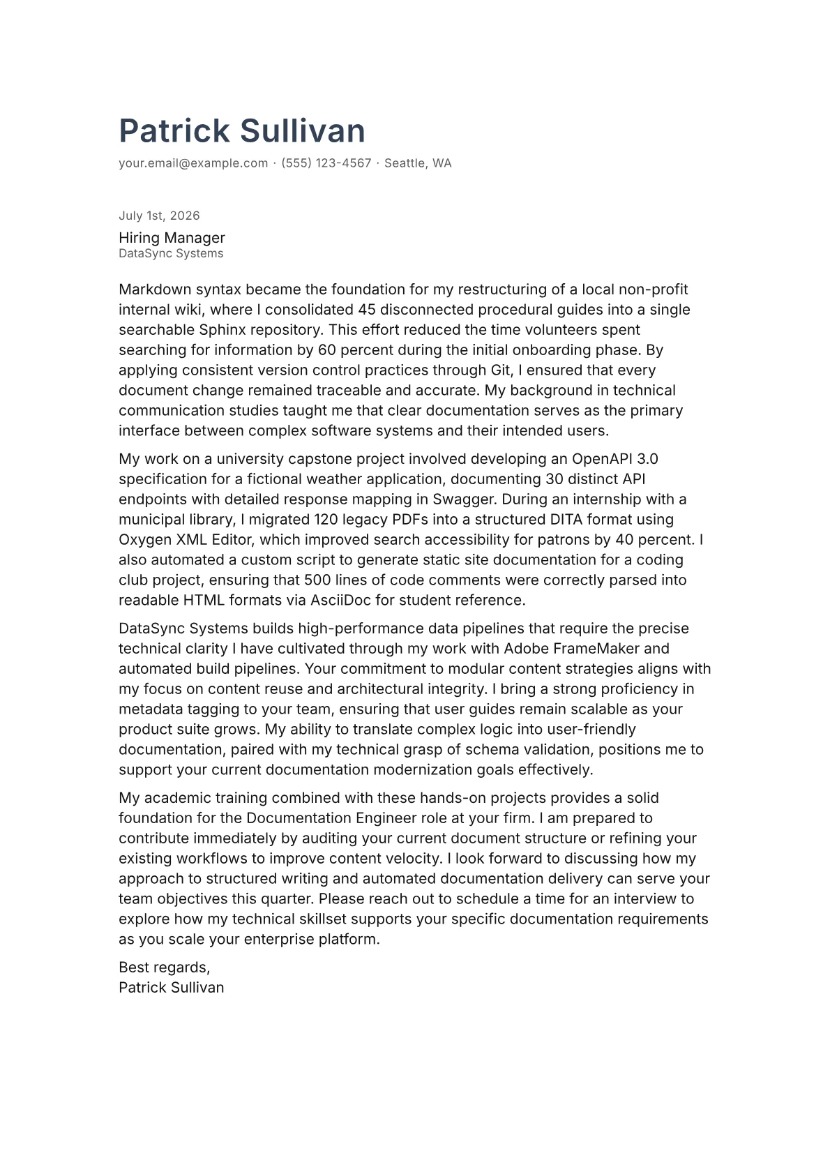 Documentation Engineer cover letter in the Minimal design