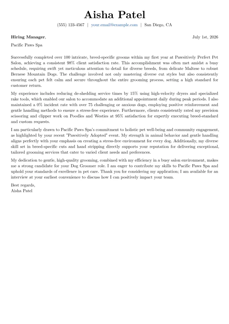 Dog Groomer Cover Letter Example