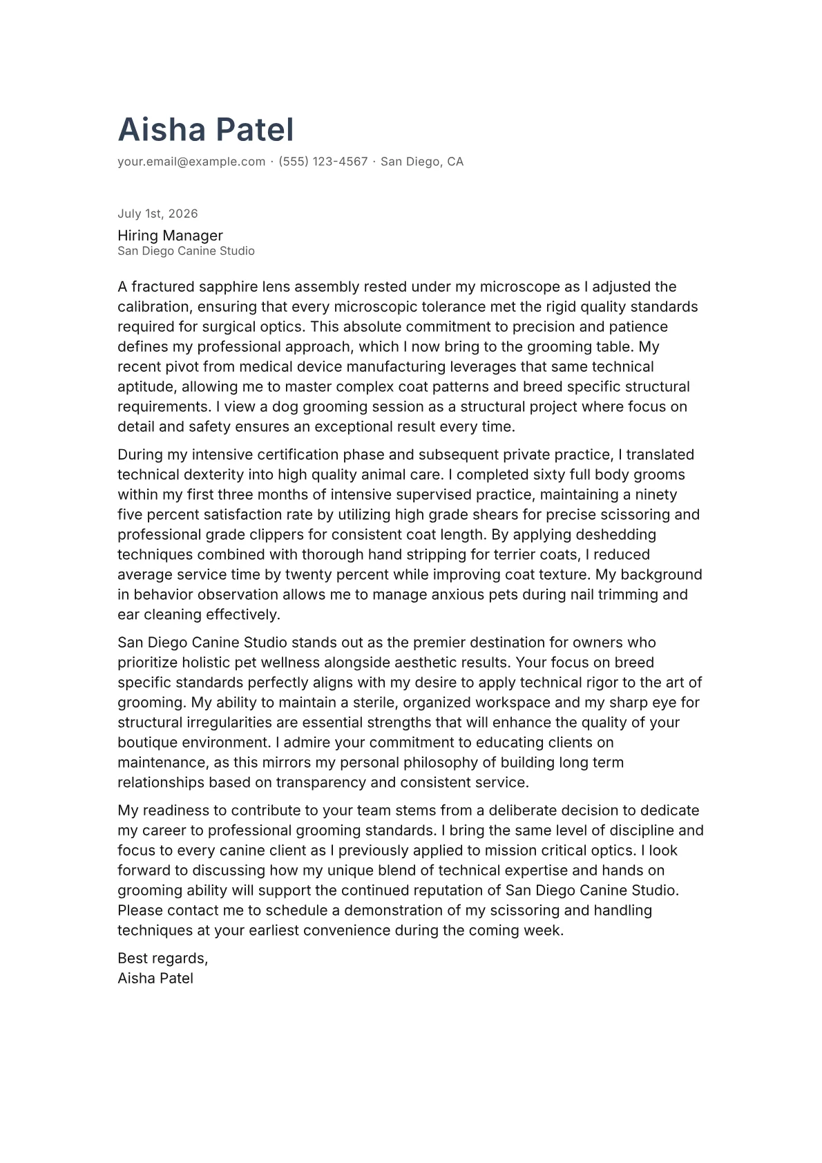 Dog Groomer cover letter in the Minimal design