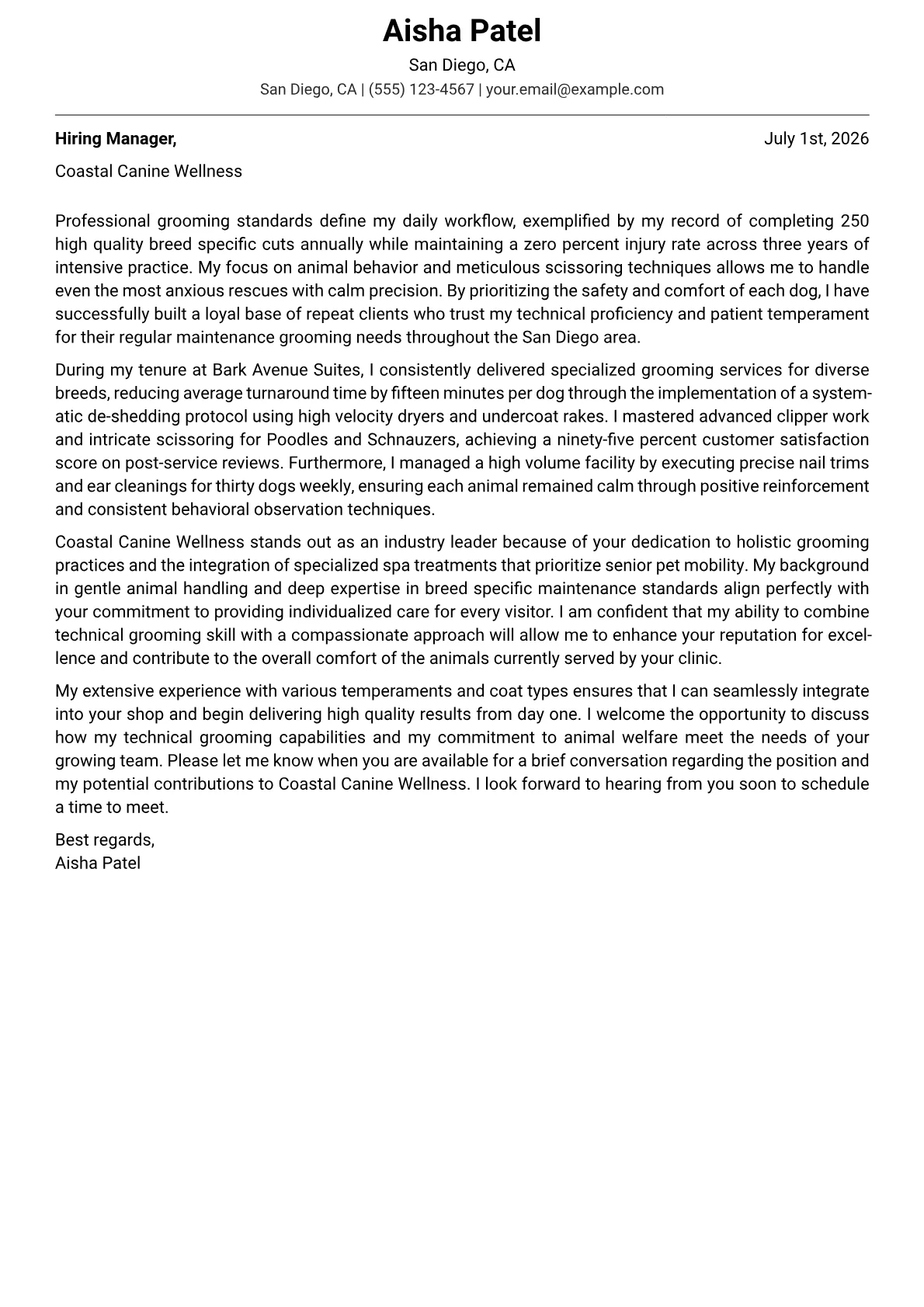 Dog Groomer cover letter in the Modern design