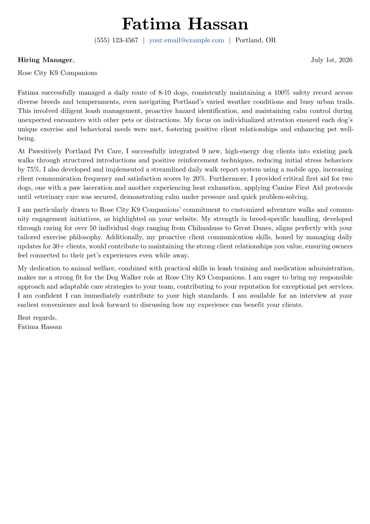 Dog Walker cover letter formatted with a JobSprout template