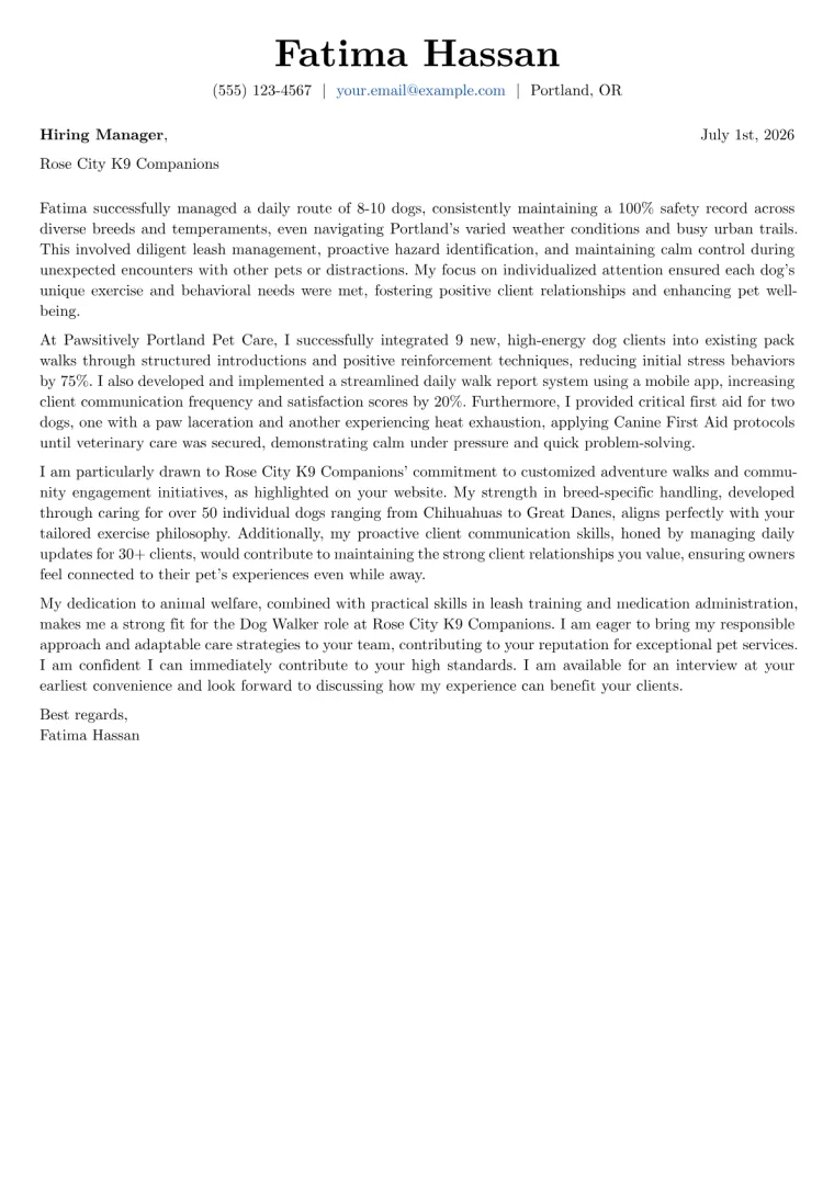 Dog Walker cover letter example preview