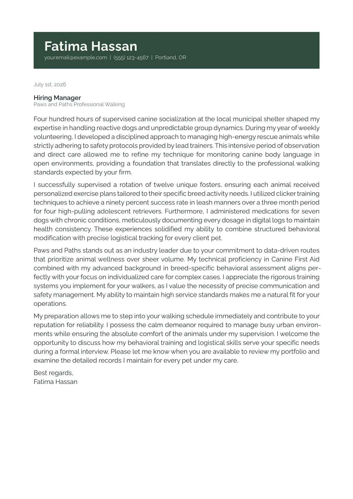 Dog Walker cover letter in the Banner design