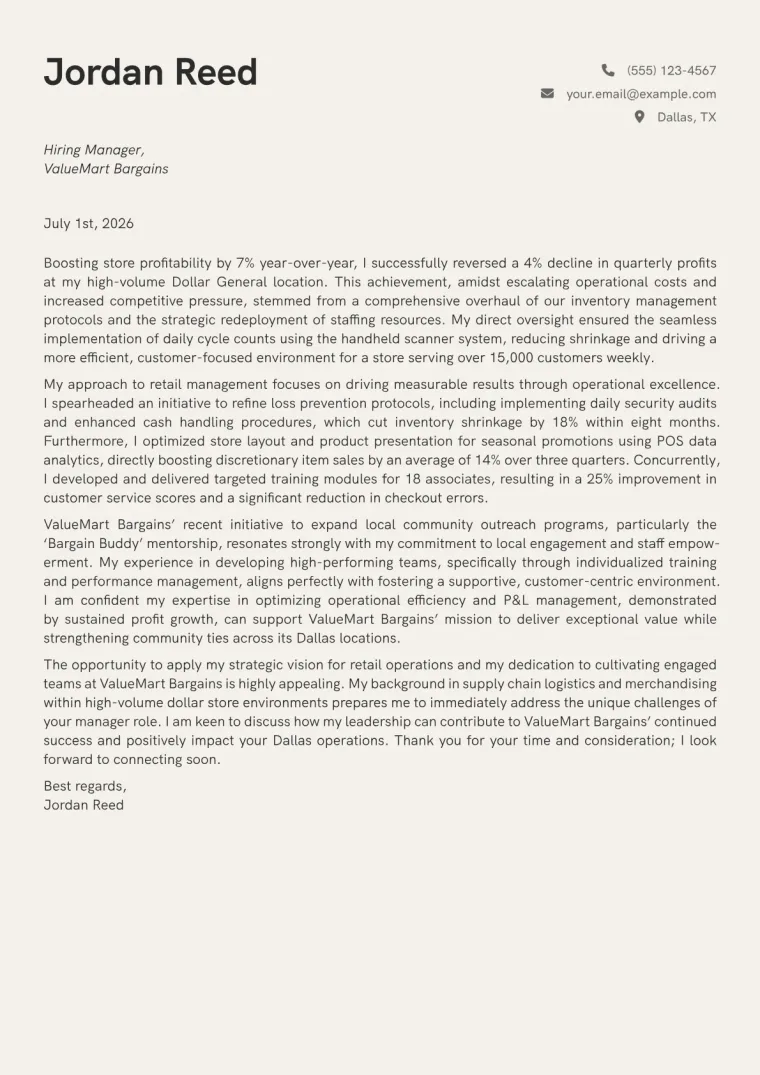 Dollar Store Manager cover letter example preview