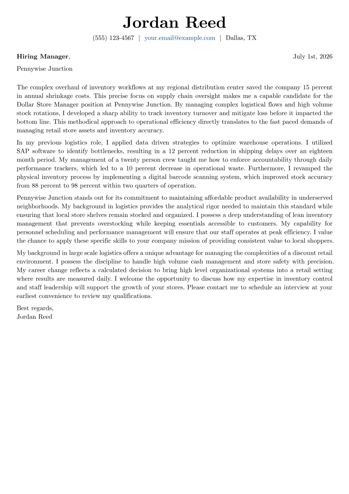 Dollar Store Manager cover letter in the Basic design