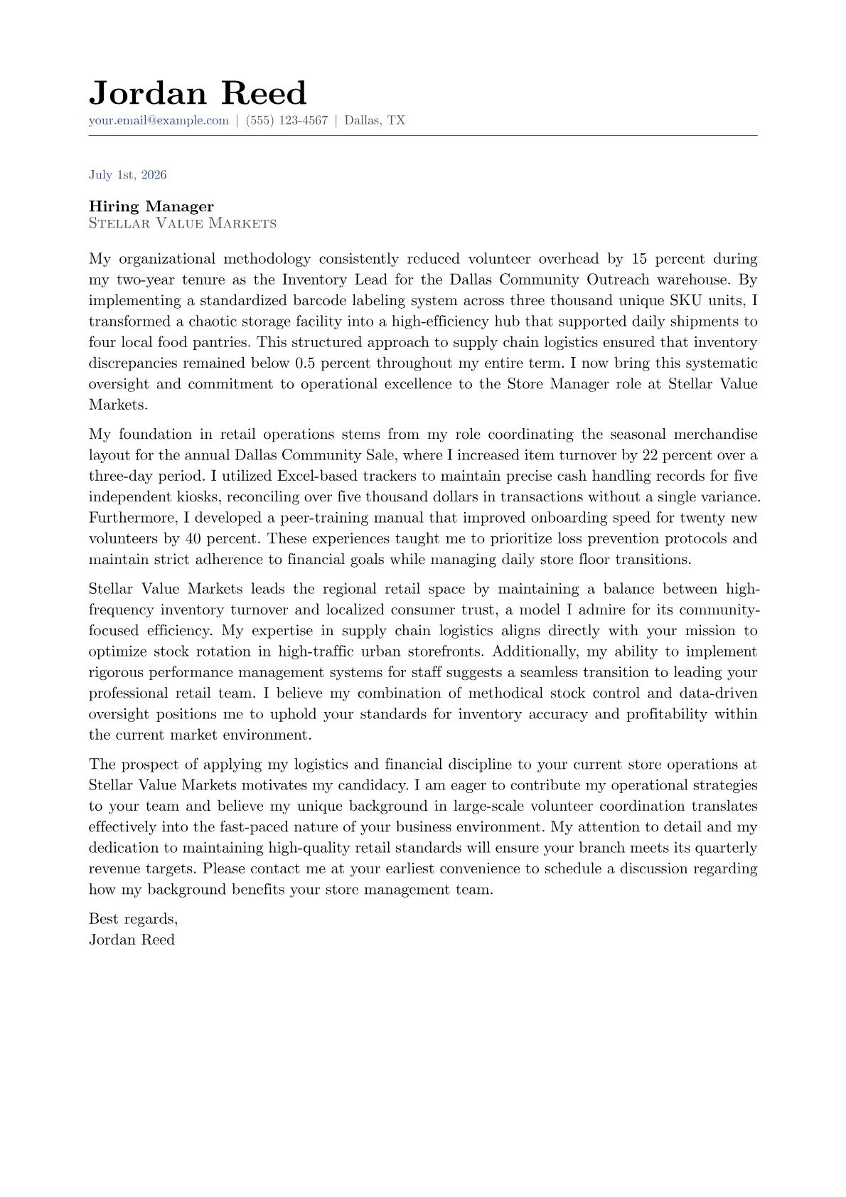 Dollar Store Manager cover letter in the Classic design