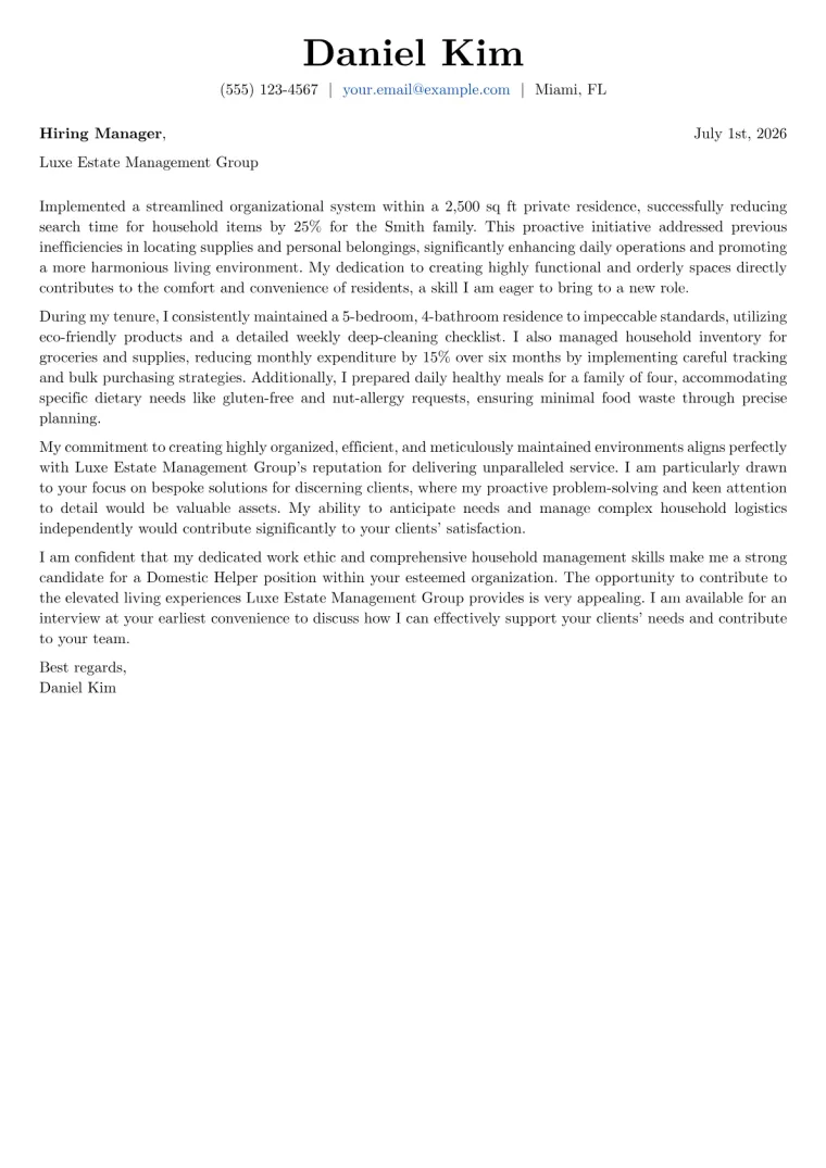 Domestic Helper cover letter example