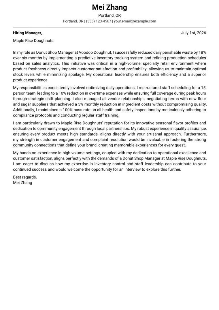 Donut Shop Manager cover letter example