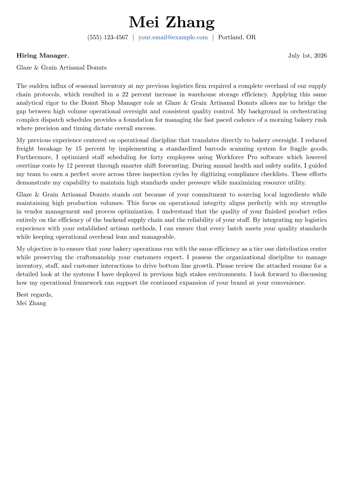 Donut Shop Manager cover letter in the Basic design