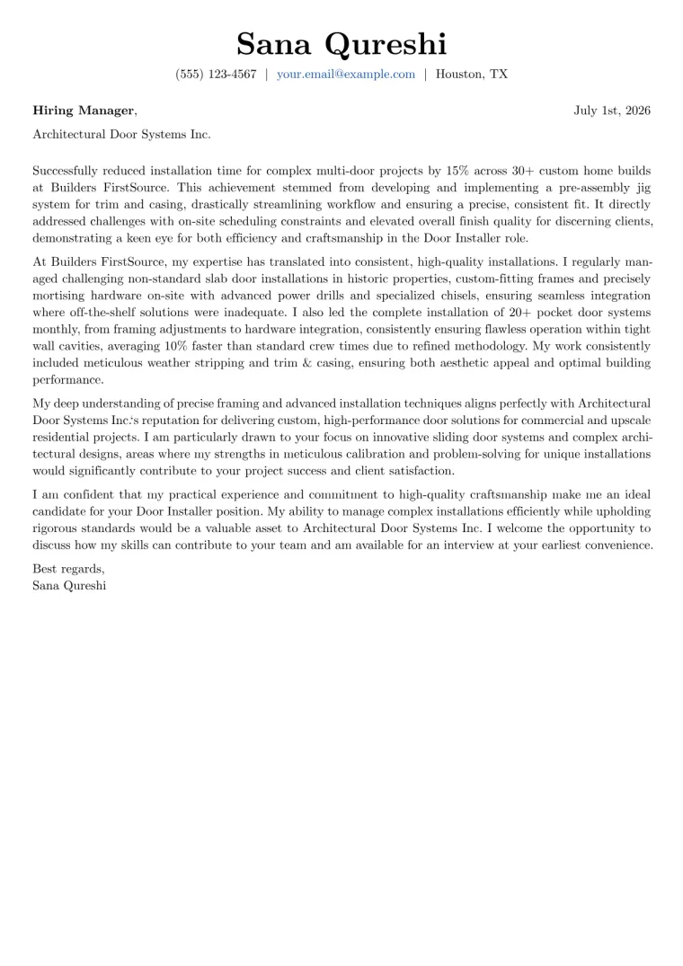 Door Installer cover letter example preview
