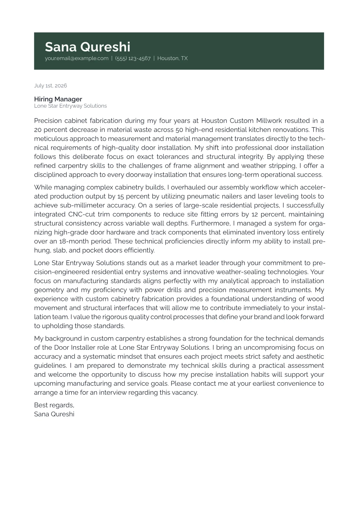 Door Installer cover letter in the Banner design