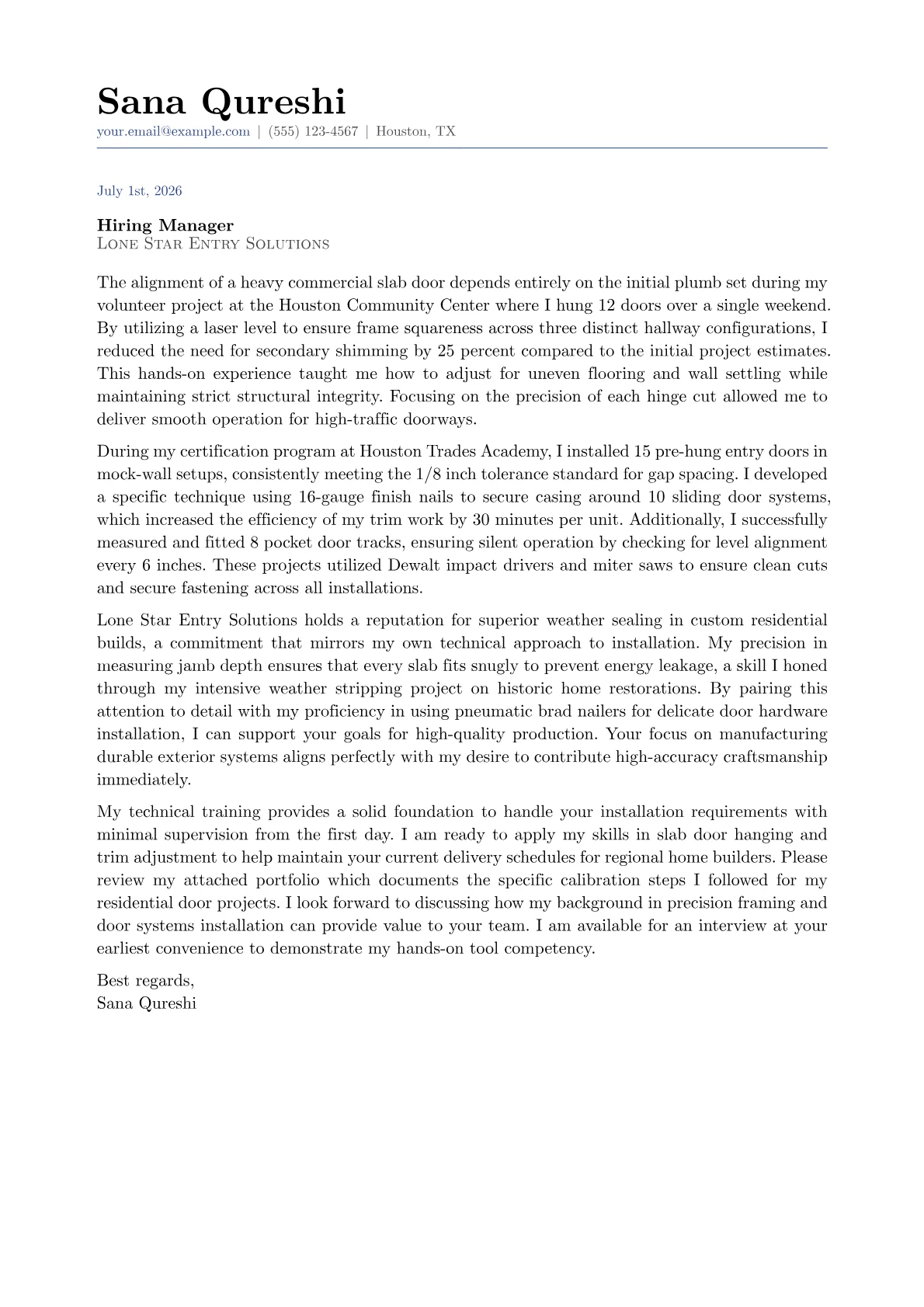 Door Installer cover letter in the Classic design