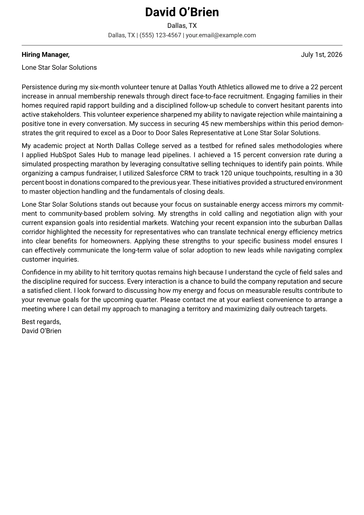 Door to Door Sales Representative cover letter in the Modern design