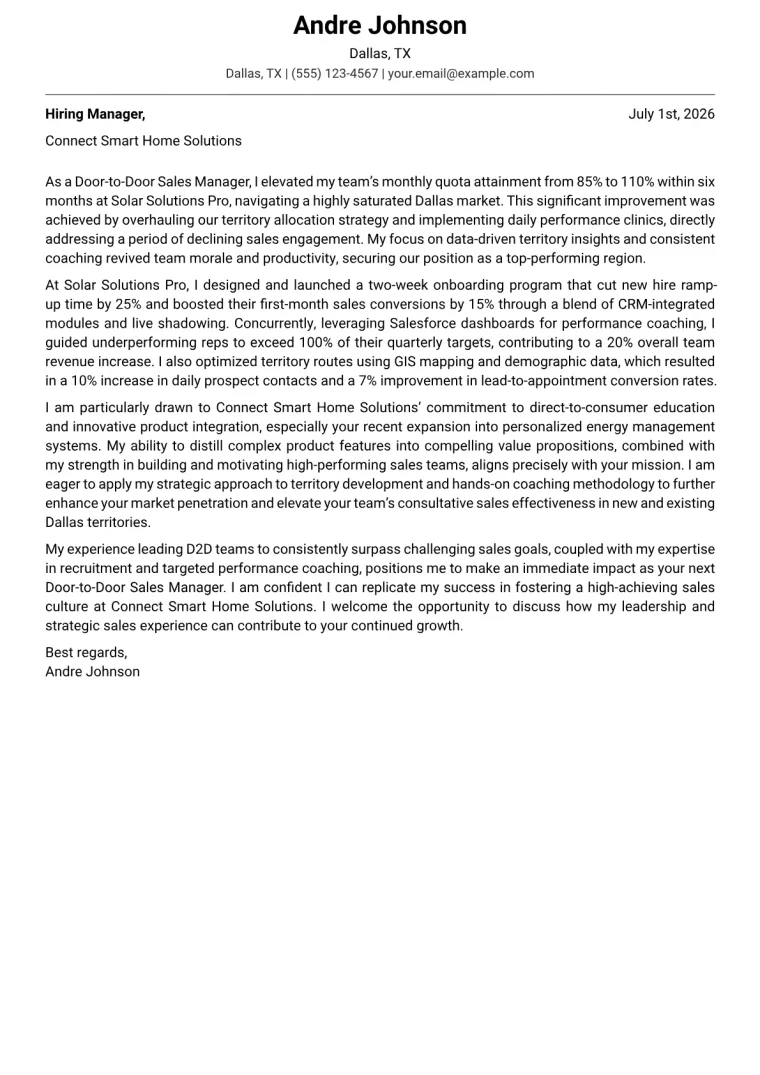 Door-to-Door Sales Manager cover letter example preview