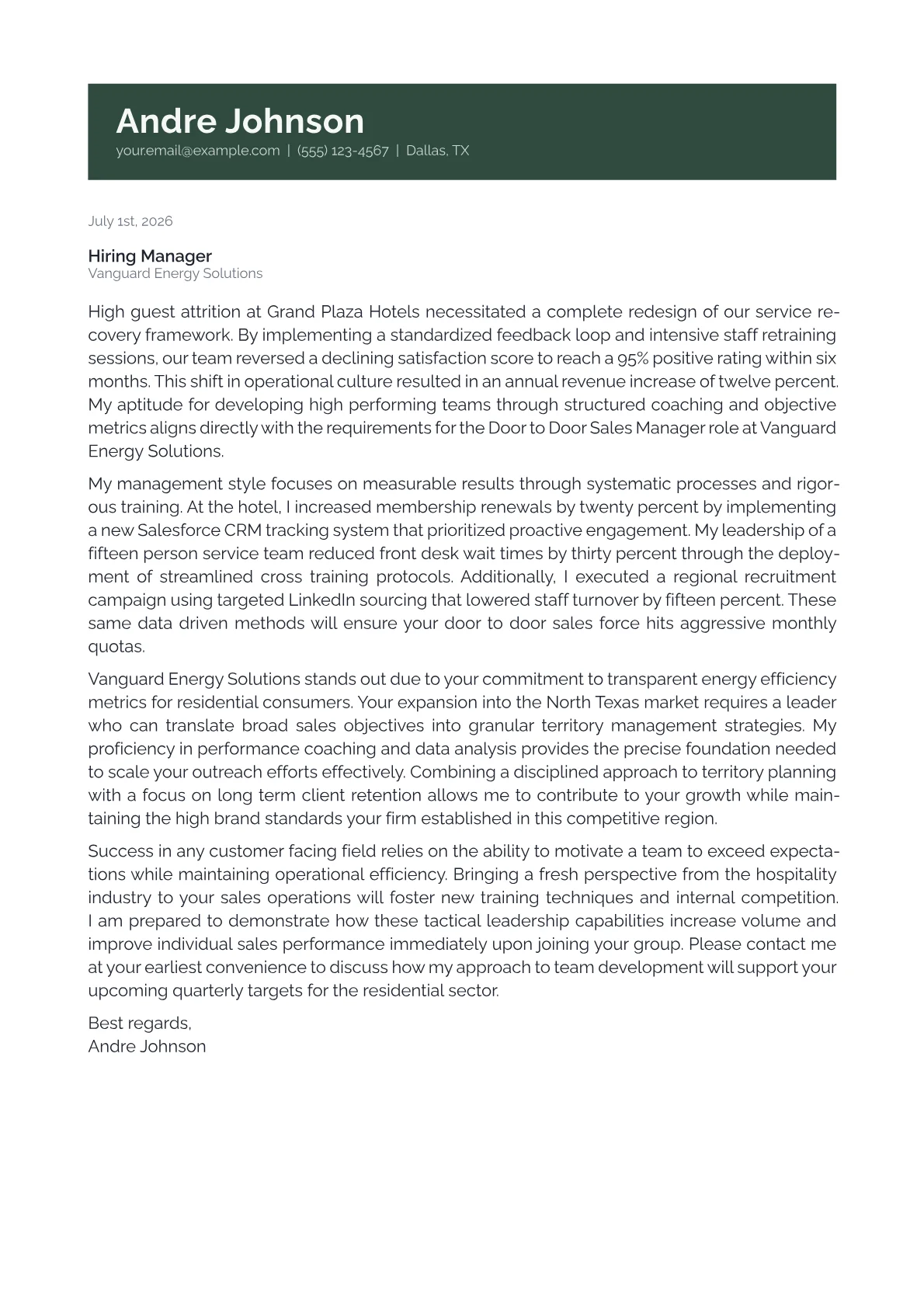 Door-to-Door Sales Manager cover letter in the Banner design