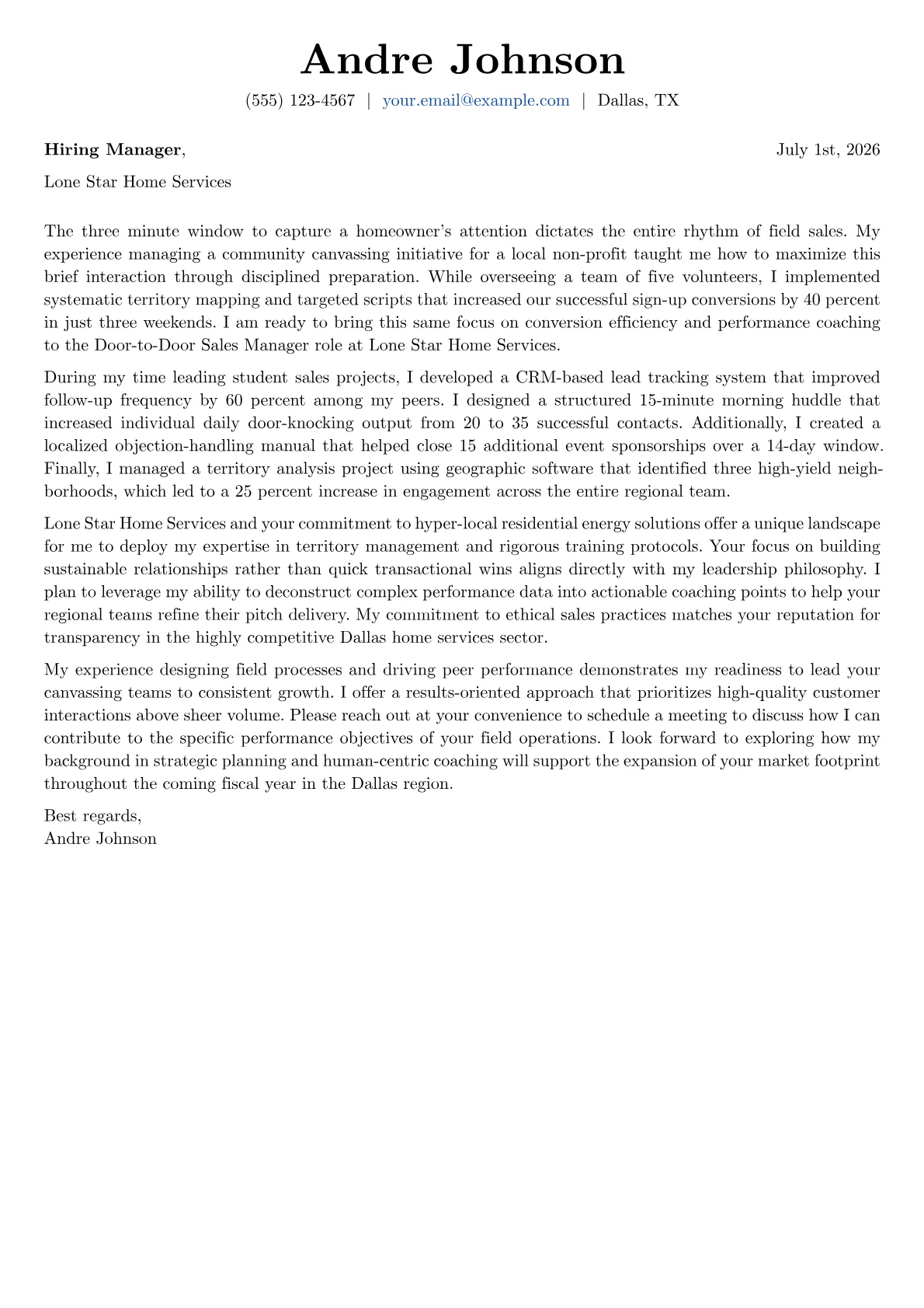 Door-to-Door Sales Manager cover letter in the Basic design