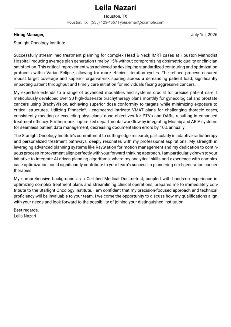 Dosimetrist Cover Letter Example