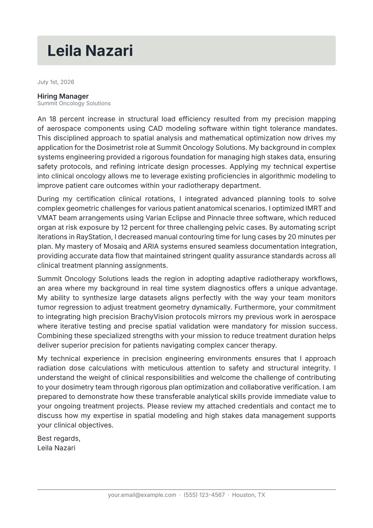 Dosimetrist cover letter in the Letterhead design