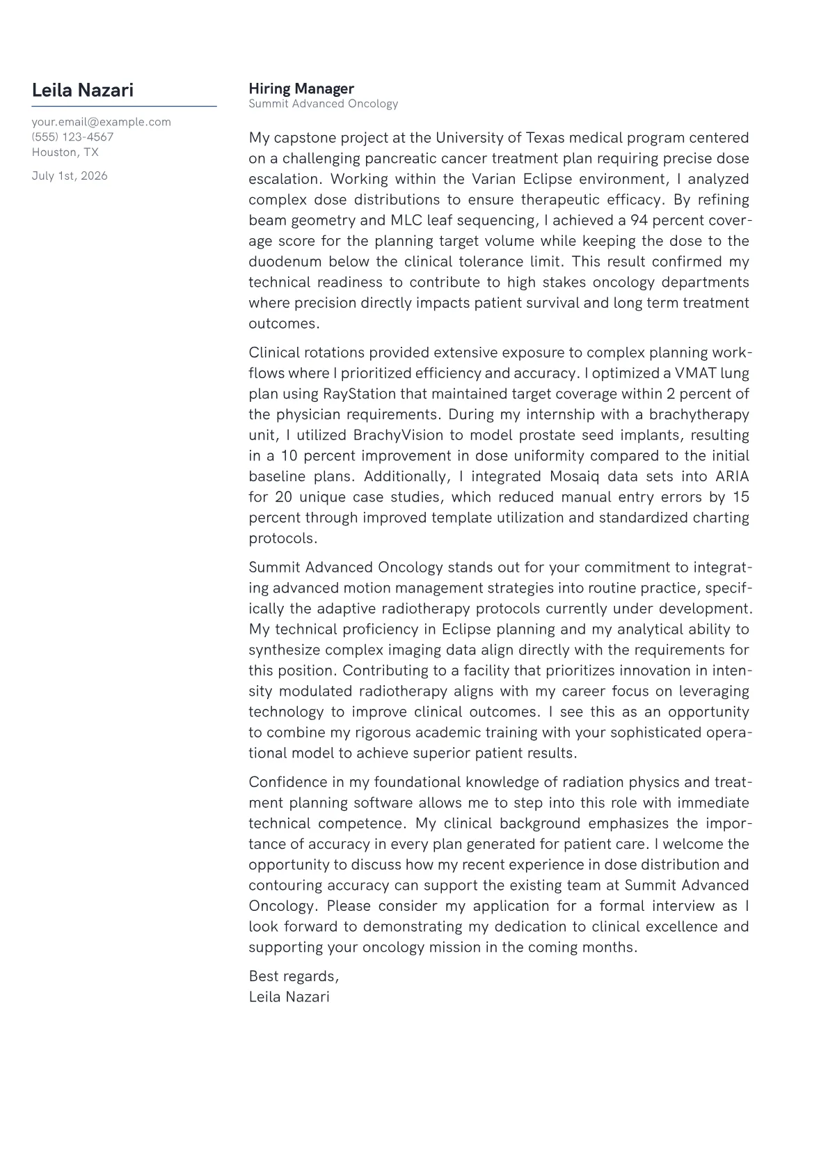 Dosimetrist cover letter in the Margin design