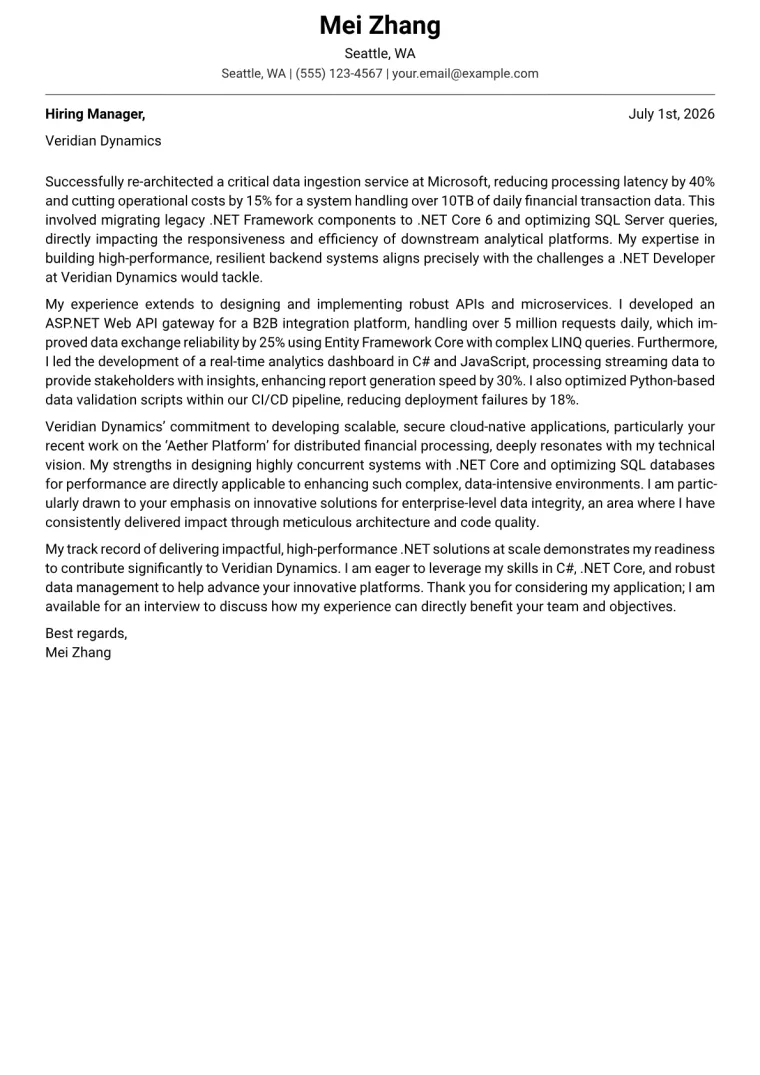 .NET Developer cover letter example